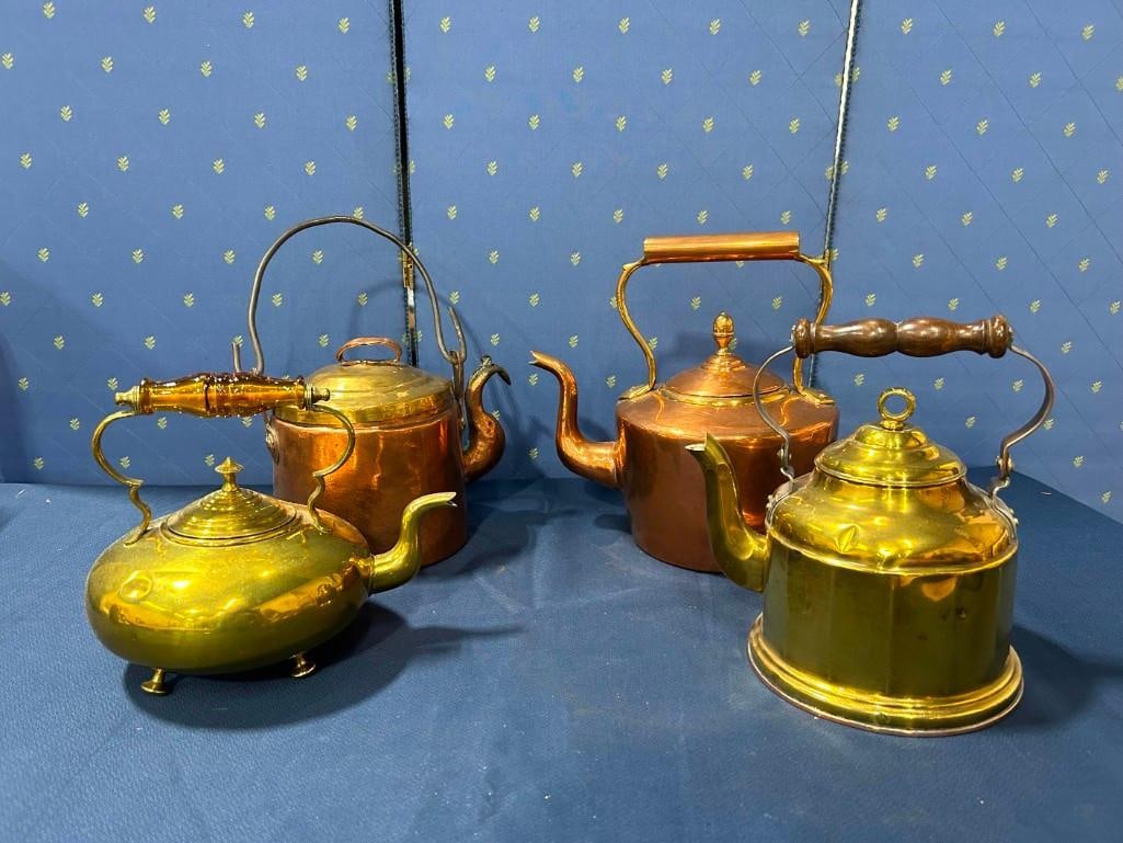 Lot of 4 Antique Copper & Brass Coffee and Tea Kettles (1 of 20)