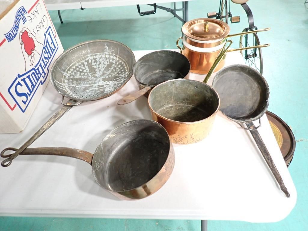 Lot of 6 Antique Primitive Copper Frying Pans Cookware, Double Boiler (1 of 12)