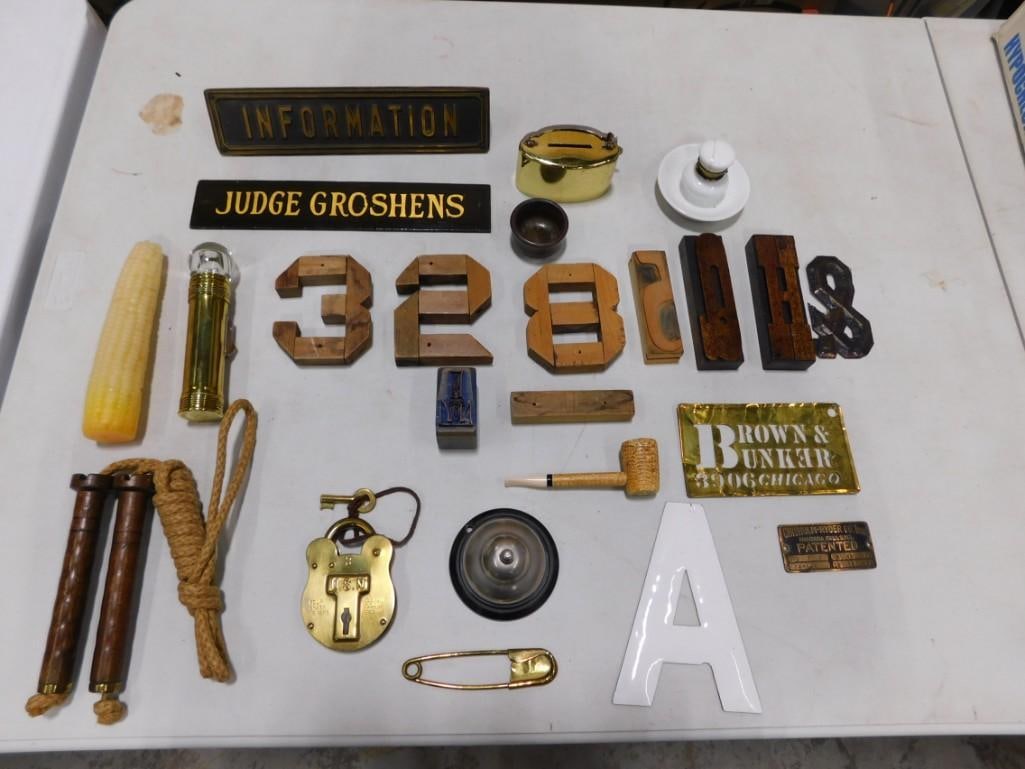 Antique Smalls Lot including Letters, Bell, Padlock, Bank, Flashlight, Jump Rope, Signs, etc. (1 of 12)