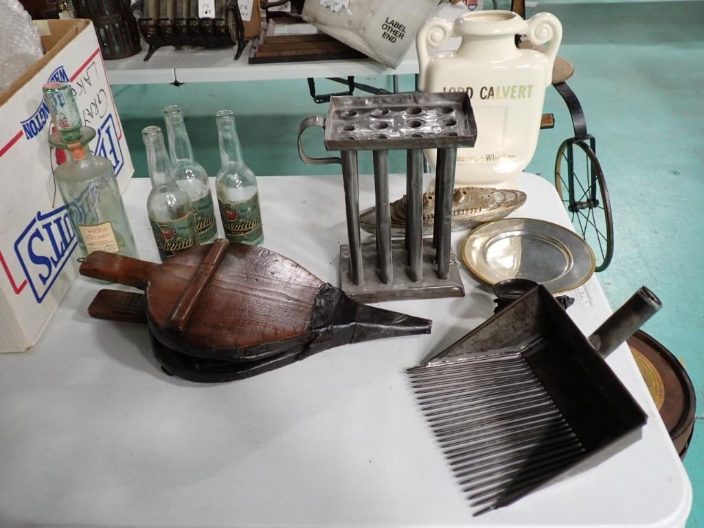 Lot of Misc Antiques Candle Mold, Bellows, Toy Ship, Beer Bottles (1 of 14)