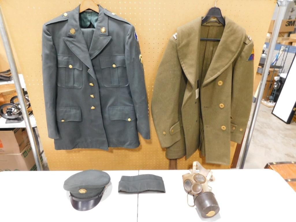 Military Lot - Uniforms, Caps, Gas Mask: Military Lot - Uniforms, Caps, Gas Mask