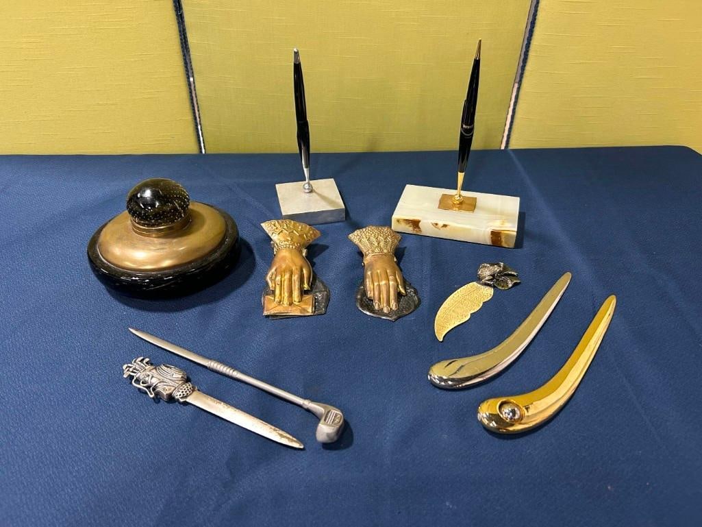 Antique Brass and Art Glass Inkwell, 2 Parker Pens, Stands, and Fancy Letter Openers , etc (1 of 19)