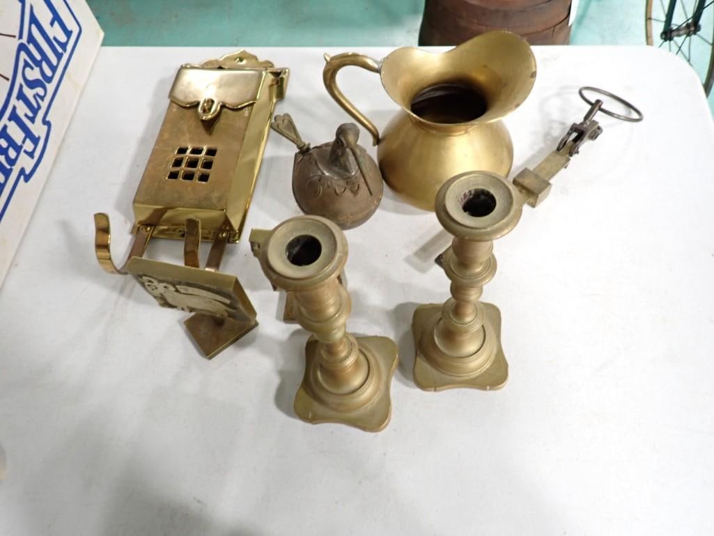 Antique Brass Candlesticks, Mailbox, and Pitcher (1 of 9)