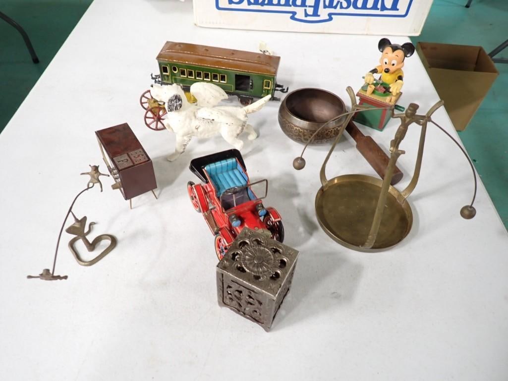 Mixed Lot of Vintage toys, Mickey, Train, Bank, Car, Dog, and More: Mixed Lot of Vintage toys, Mickey, Train, Bank, Car, Dog, and More