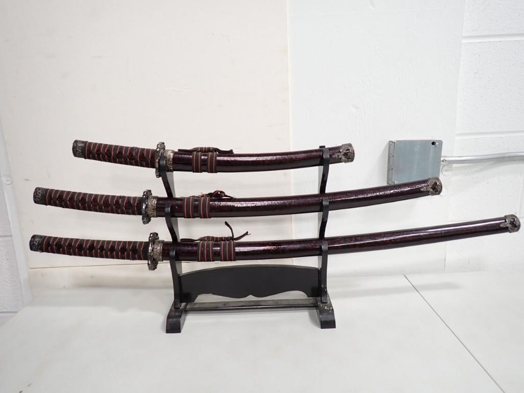 Set of 3 Katana Style Swords with Display Stand and Sheaths (1 of 8)