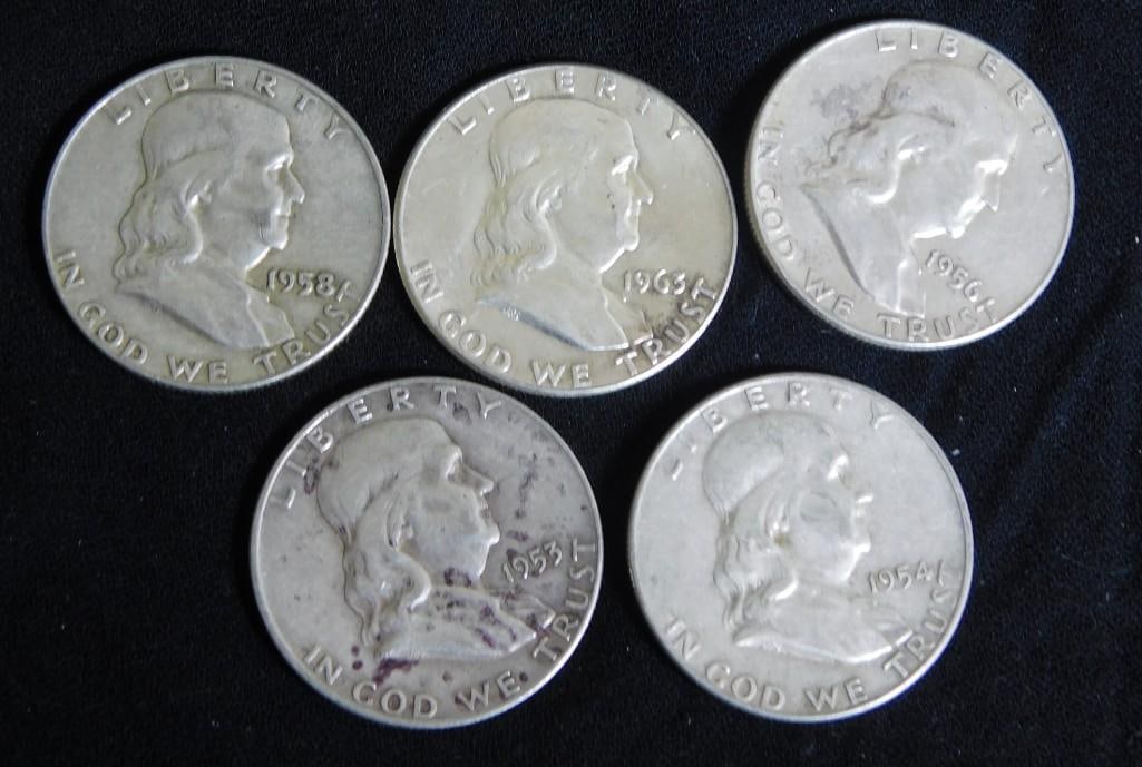 5 Franklin Half Dollars 90% Silver incl 1953, 1954, 1956, 1958, 1963 (1 of 2)
