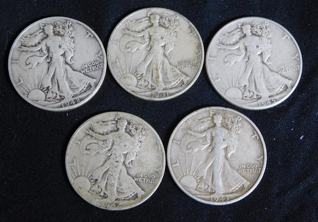 5 Walking Liberty Half Dollars 90% Silver incl 1941, 2 - 1942, 1943, 1945 (1 of 2)