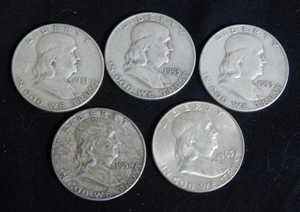 5 Franklin Half Dollars incl 1951, 2 - 1953, 1954, 1963 (1 of 2)