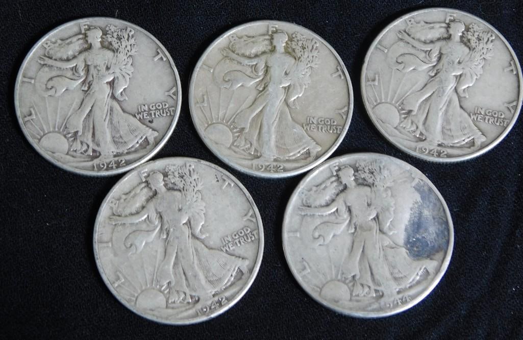 5 Walking Liberty Half Dollars 90% Silver incl 4 - 1942, 1944 (1 of 2)