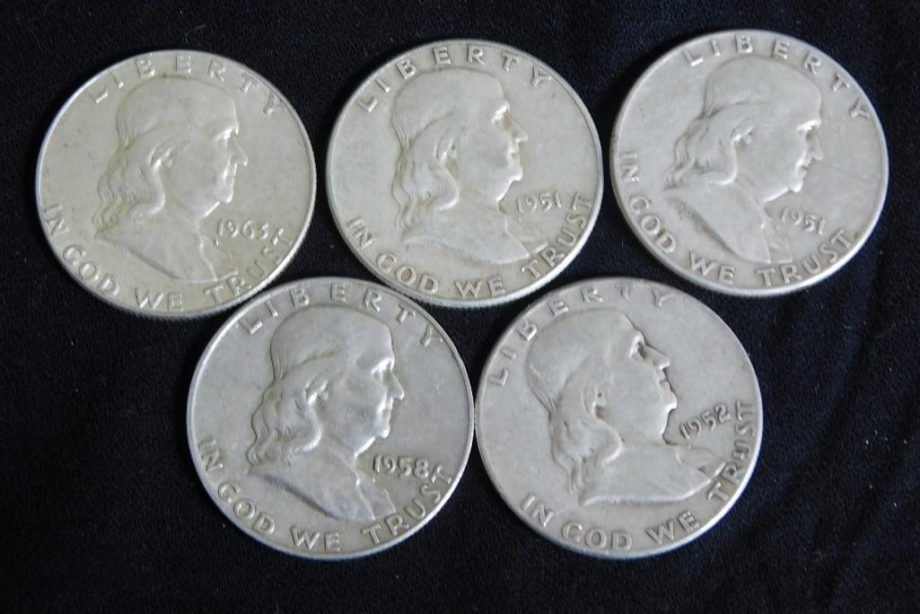 5 Franklin Half Dollars 90% Silver incl 2 - 1951, 1952, 1958, 1963 (1 of 2)