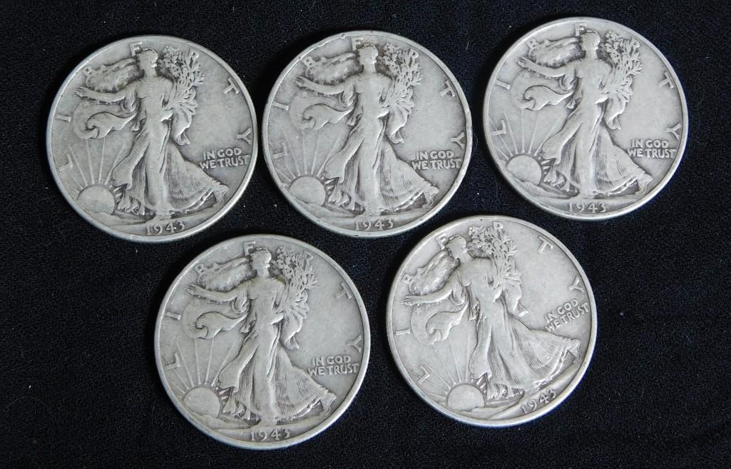 5 Walking Liberty Half Dollars 90% Silver All 1943 (1 of 2)
