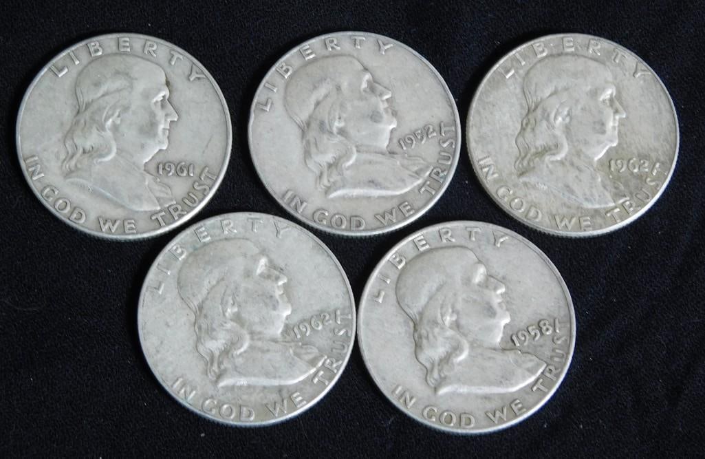 5 Franklin Half Dollars 90% Silver incl 1952, 1958, 1961, 2 - 1962 (1 of 2)