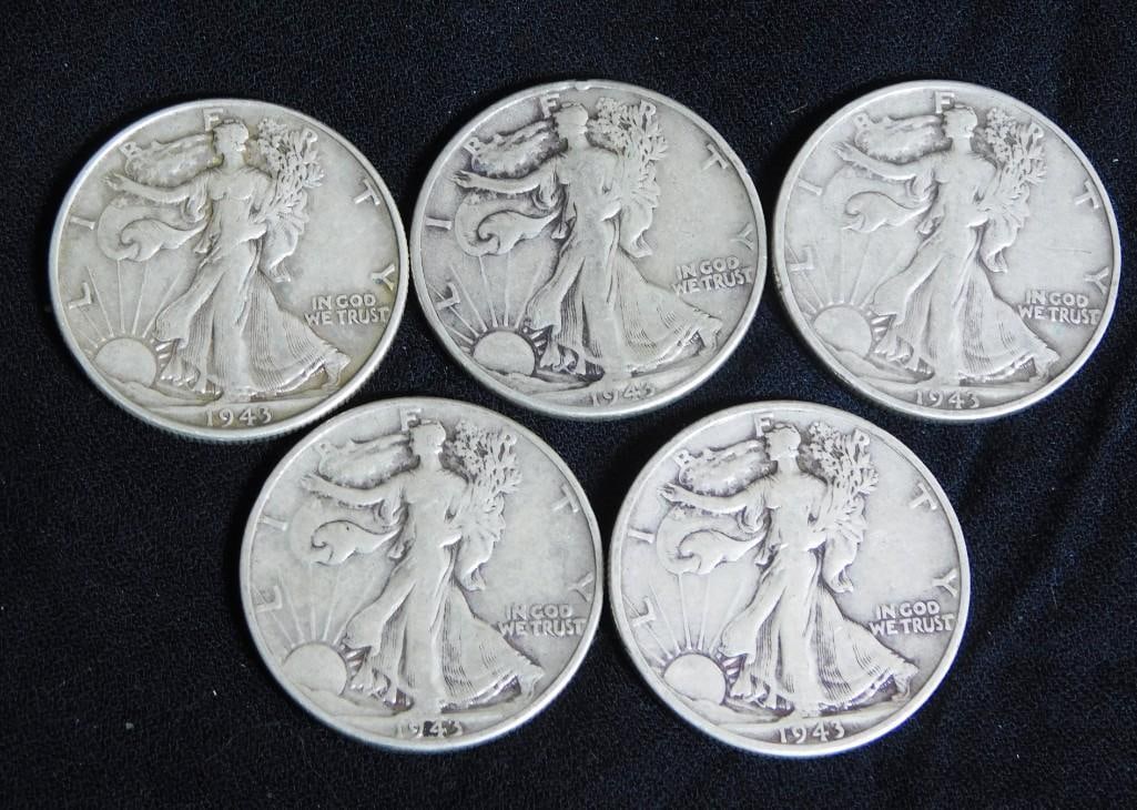 5 Walking Liberty Half Dollars 90% Silver All 1943 (1 of 2)