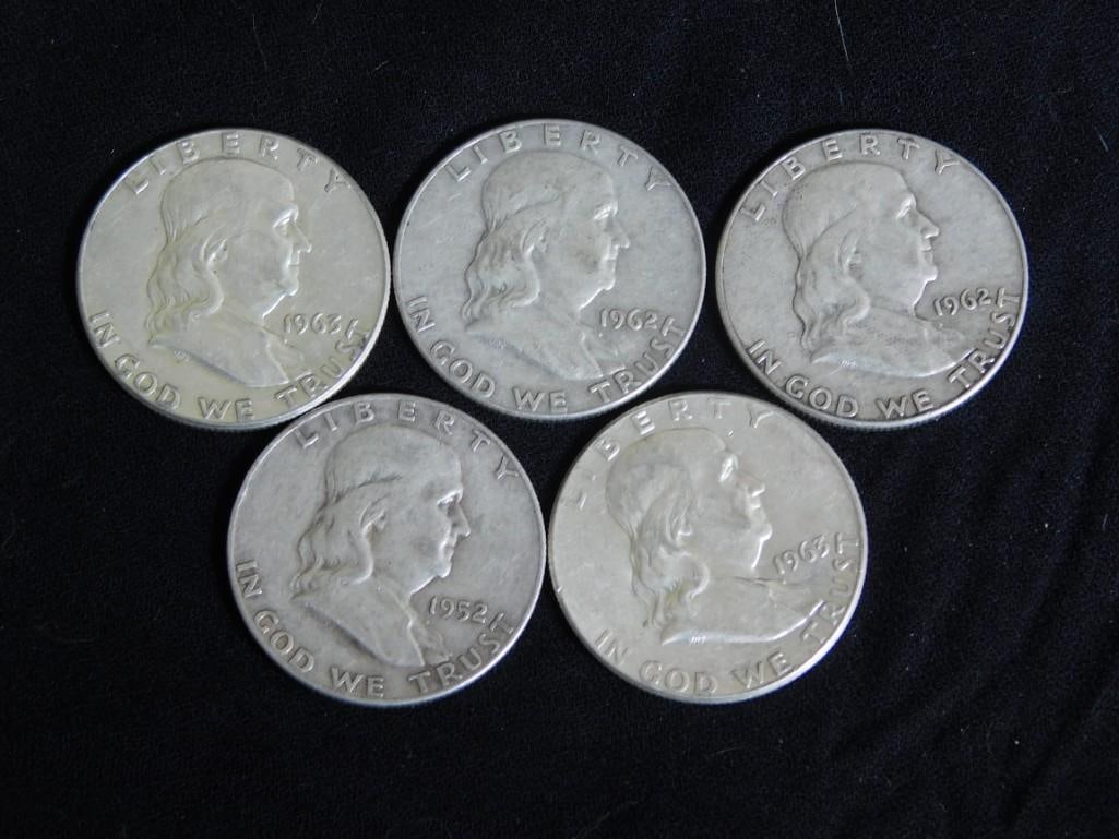 5 Franklin Half Dollars 90% Silver incll 1952, 2 - 1962, 2 - 1963 (1 of 2)