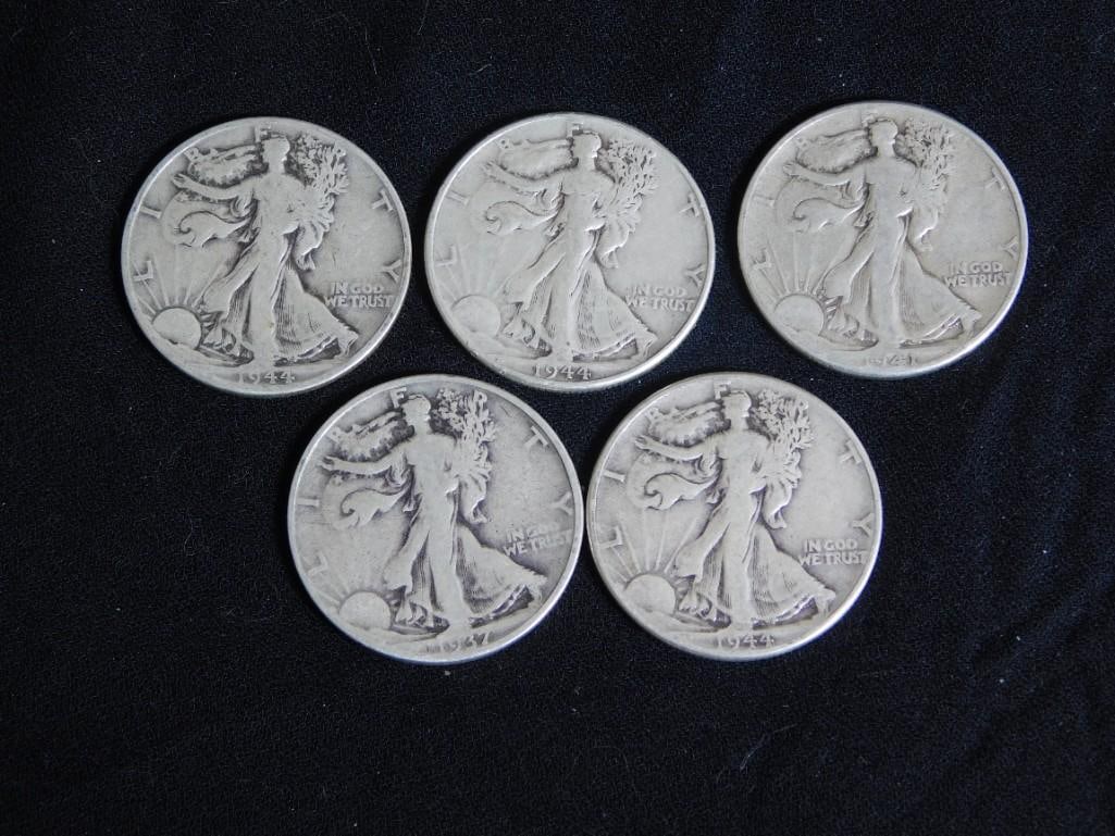 5 Walking Liberty Half Dollars 90% Silver incl 1937, 1941, 3- 1944 (1 of 2)