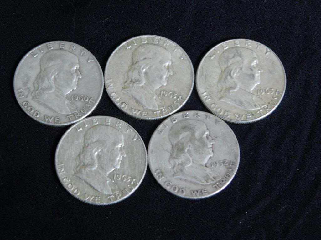 5 Franklin Half Dollars 90% Silver incl 1952, 1960, 3 - 1963 (1 of 2)