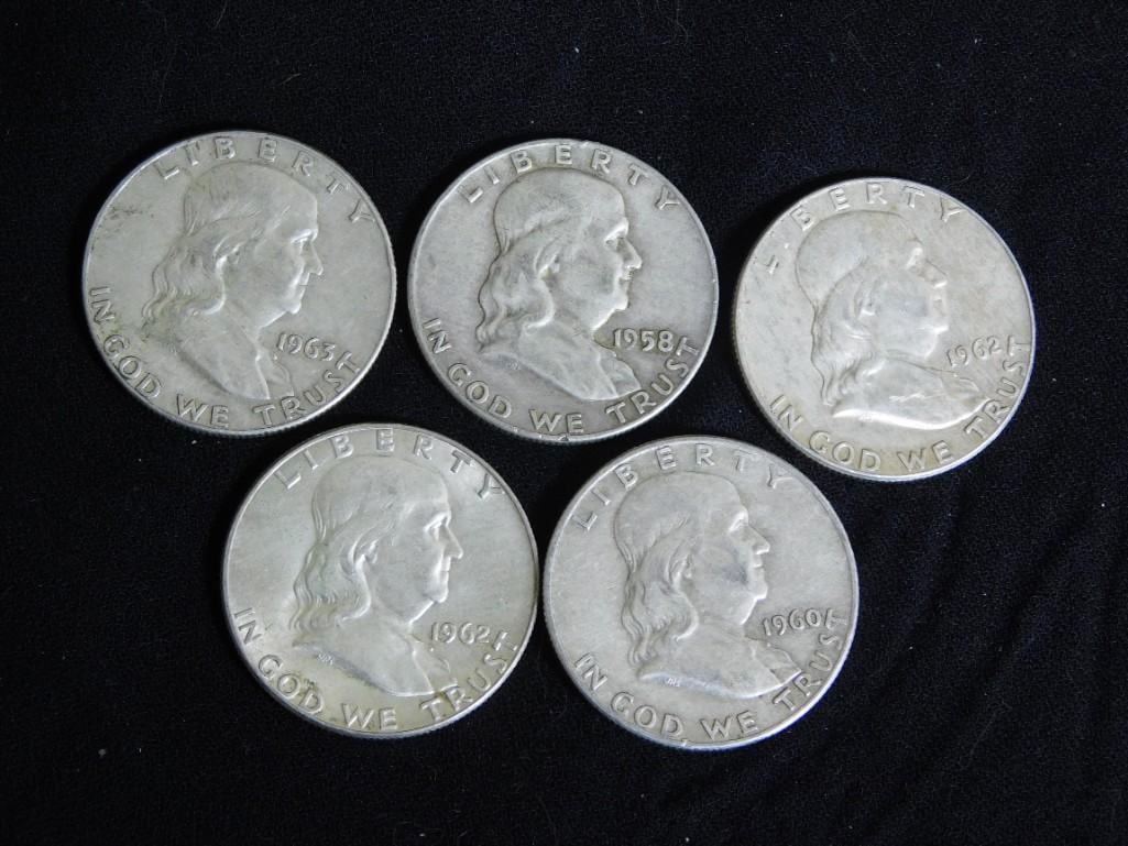 5 Franklin Half Dollars 90% Silver incl 1958, 1960, 2 - 1962, 1963 (1 of 2)