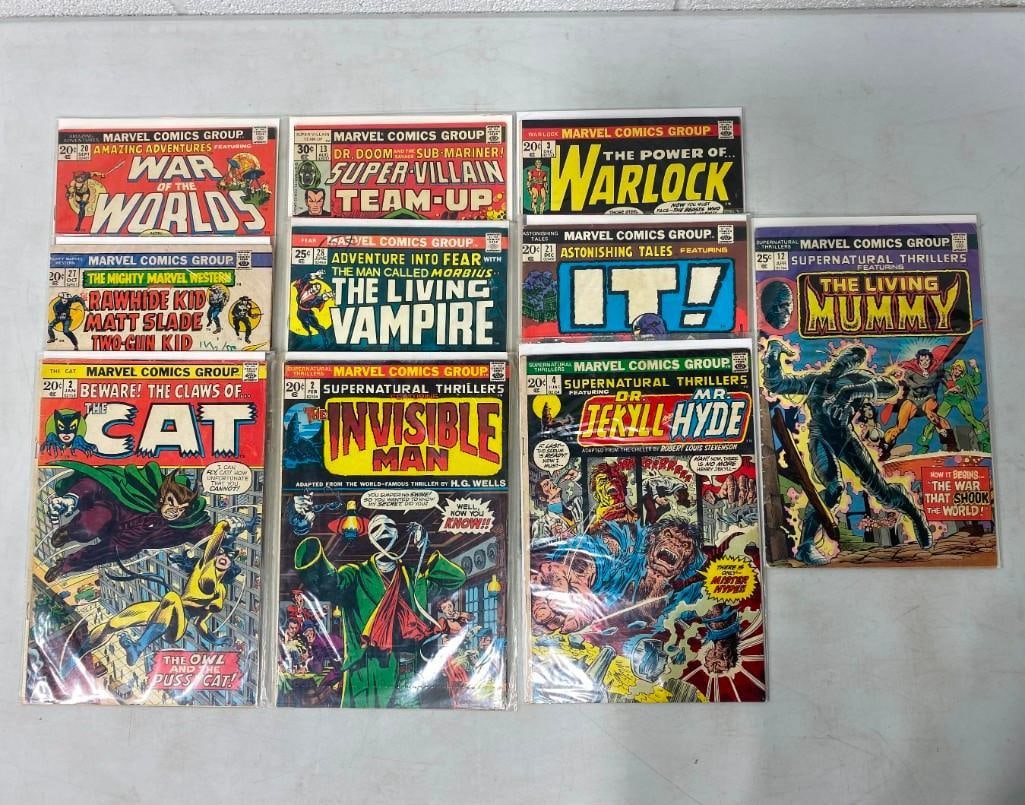 10 Marvel Comic Books incl War of the Worlds, The Cat, Warlock, The Living Mummy, Super-Villain Team (1 of 4)