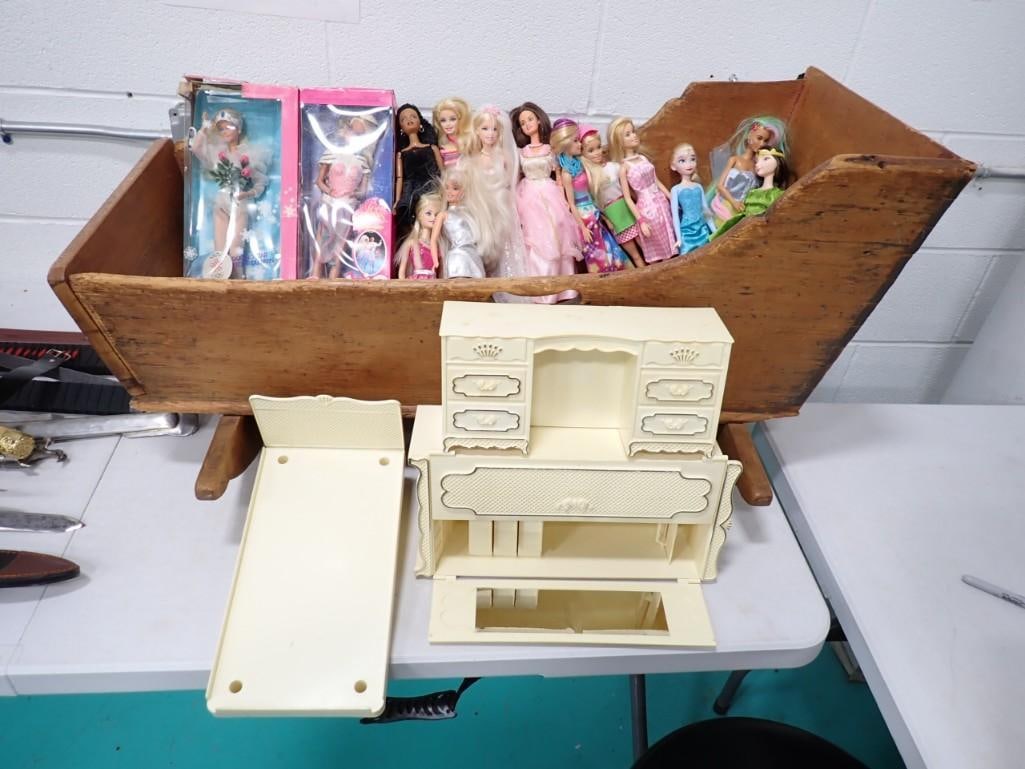 Doll lot including assorted Barbie some with boxes, Doll furniture, old wooden doll crib (1 of 6)