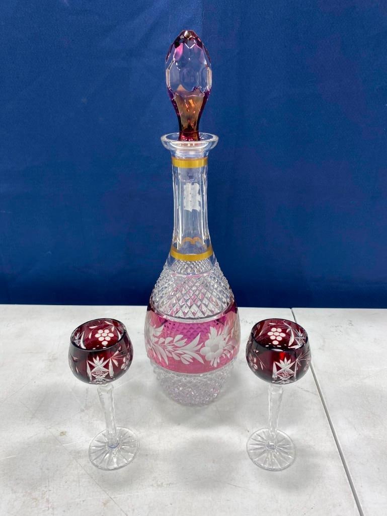 Red Cut to Clear Glass Decanter and 2 Stemware Glasses (1 of 3)