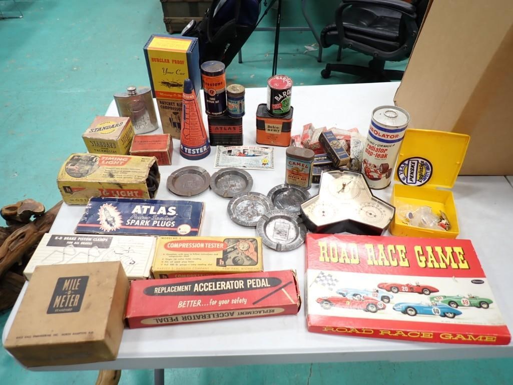 Misc. Vintage Lot including Automobile, Ashtrays, Road Race Game, Parts, Whiskey Flask, Texaco Barom (1 of 5)