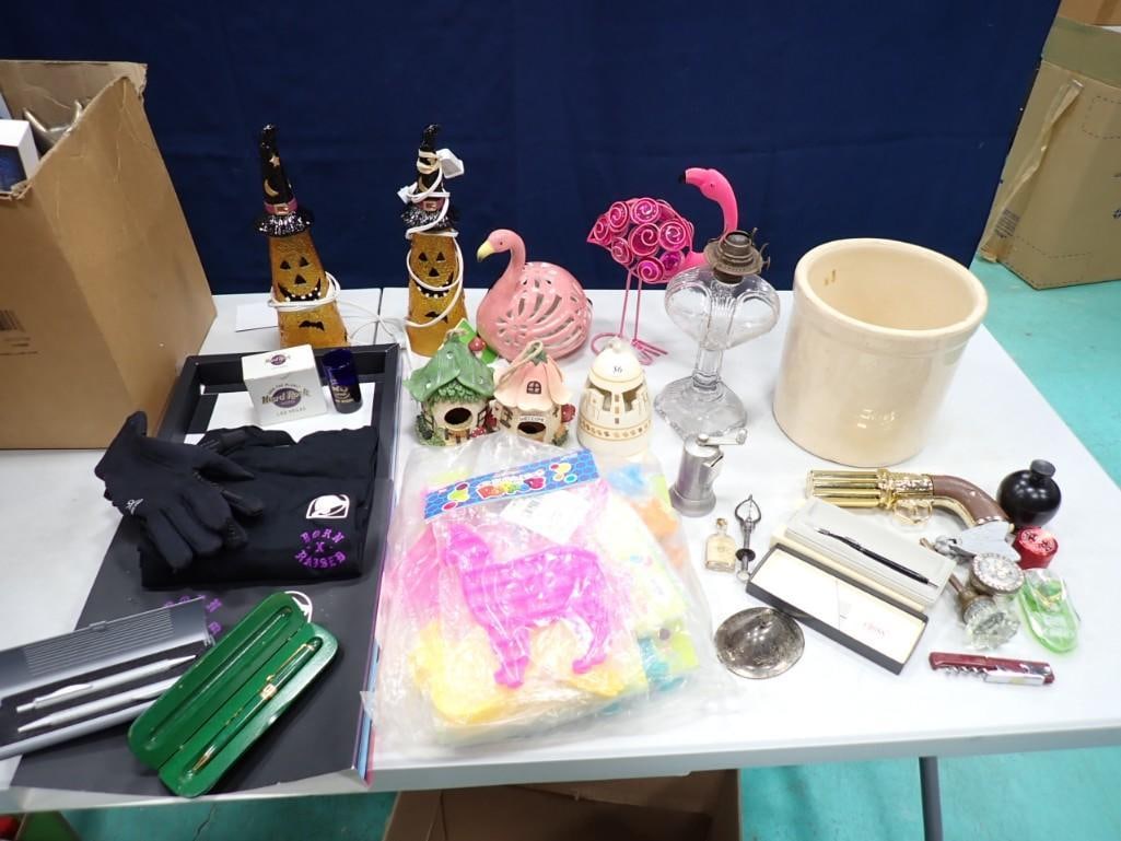 Decor Lot / Etc. Including Halloween, Pink Flamingos, Llama Poppers, Oil Lamp, Crock, Smalls, etc. (1 of 6)