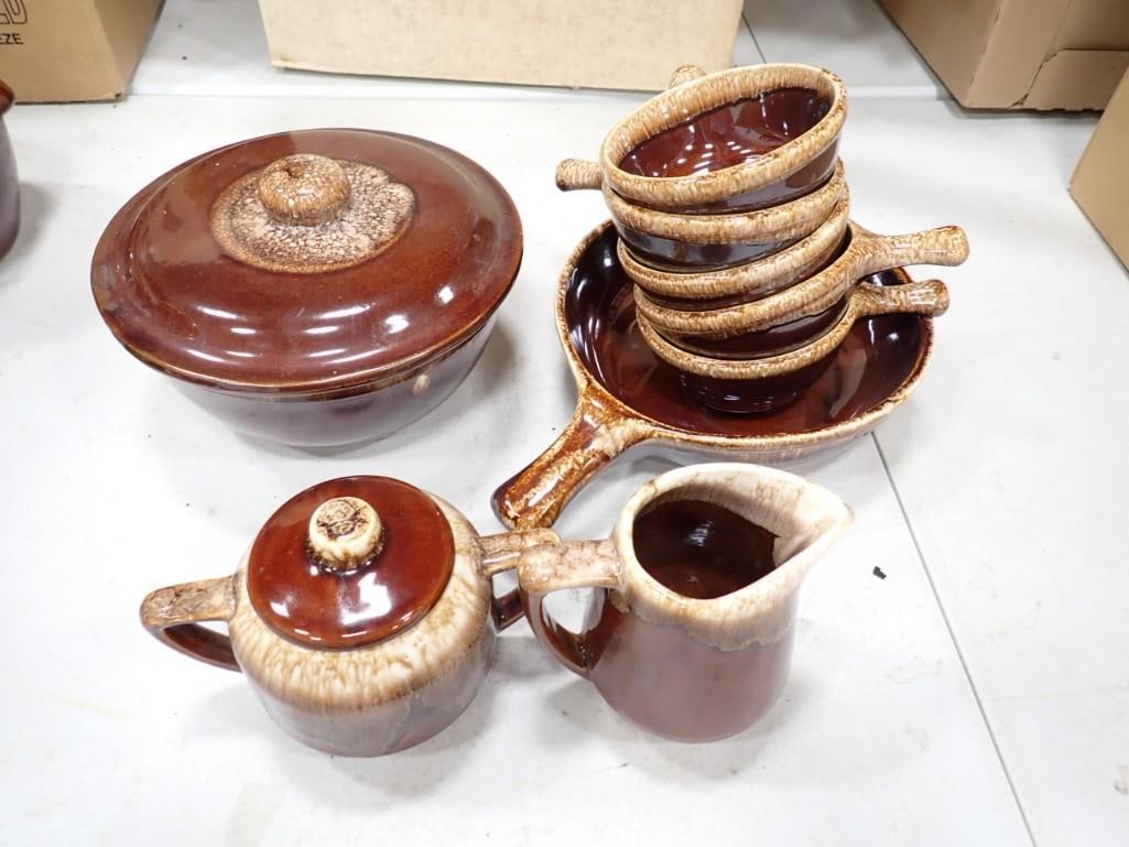 Assorted Brown Drip Pottery including Pitcher, Covered Bowl, Soup Bowls, Pan, etc. (1 of 3)