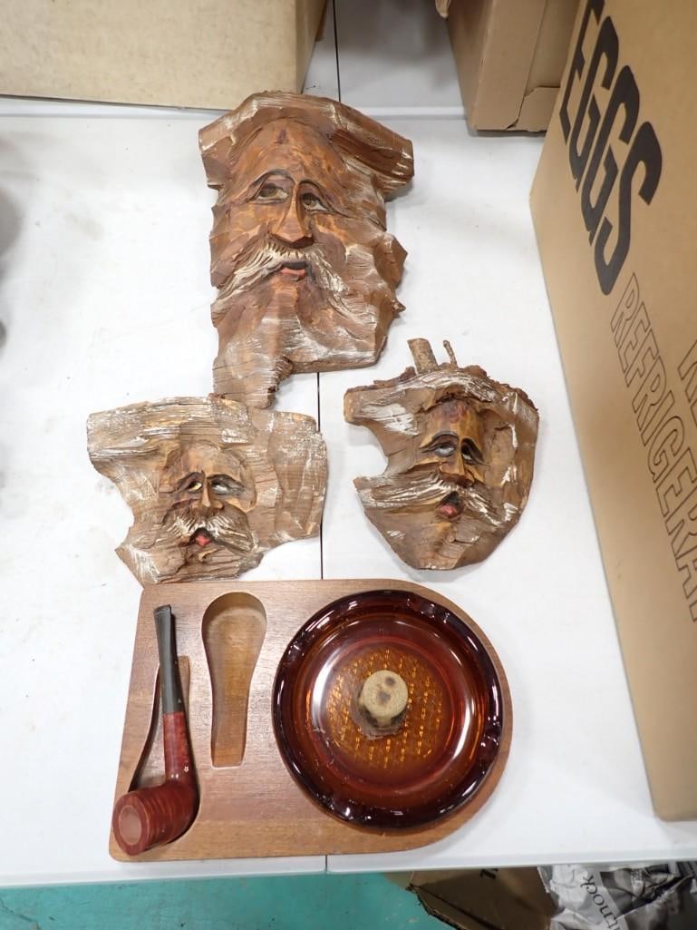 Carved Wood Old Man Faces, Smoking / Tobacco Pipe, etc. (1 of 2)