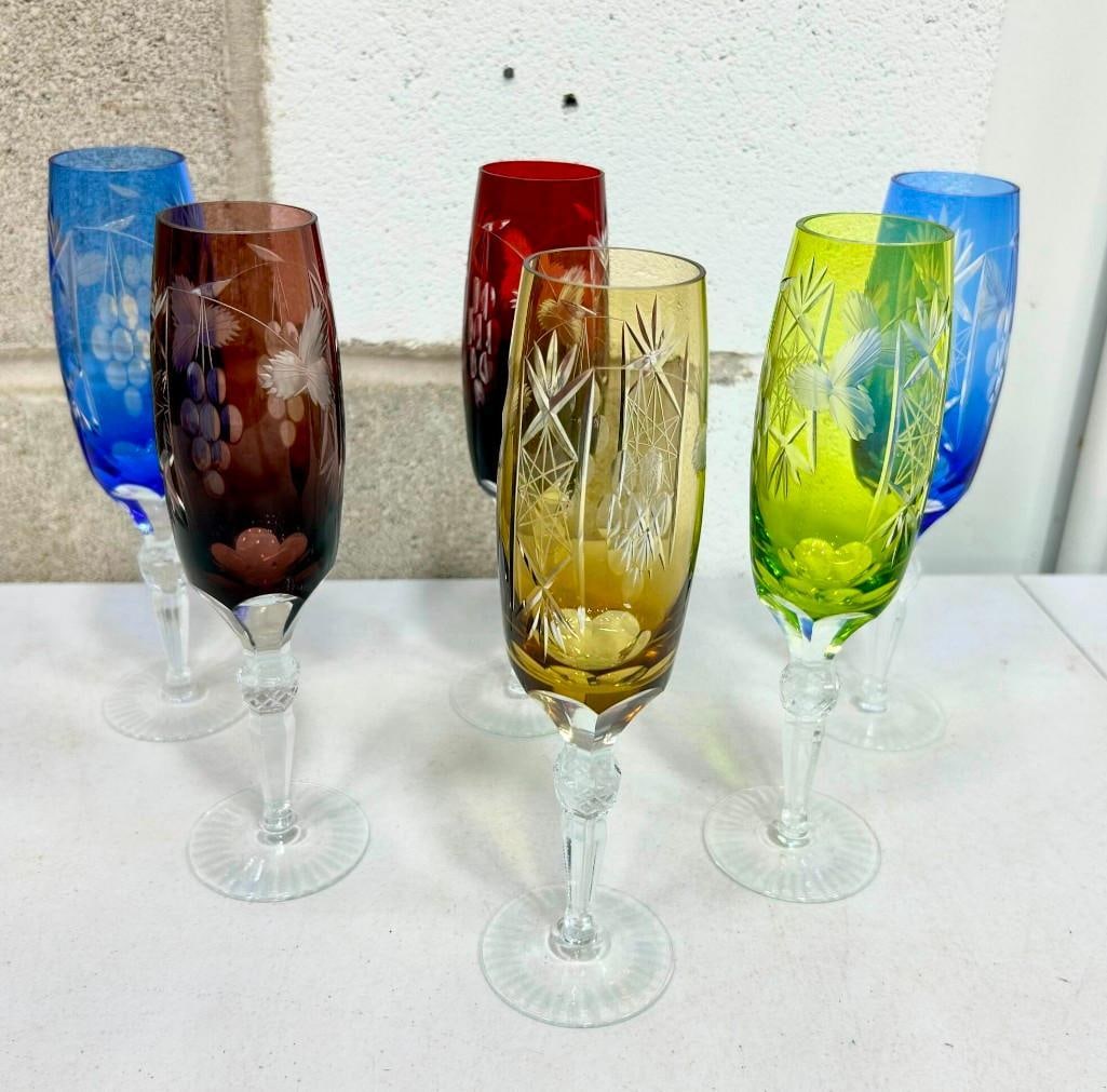 6 Bohemian or Czech Cut to Clear Champagne Flutes Stemware Asst Colors (1 of 4)