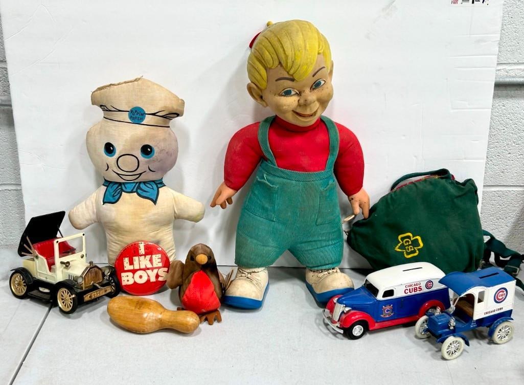 Vintage Toy Lot incl Mattel Beany Bob Clampett, Poppin Fresh Doughboy, Chicago Cubs Car Banks, etc (1 of 2)