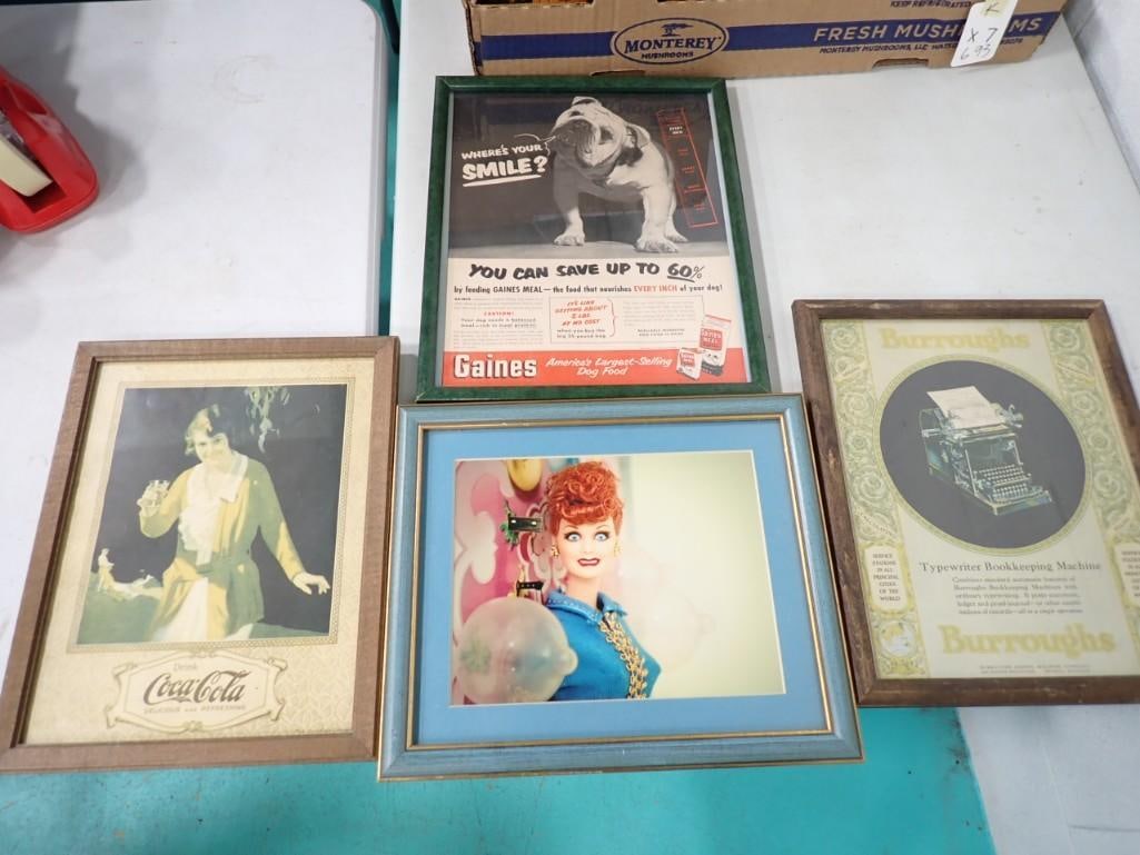 Framed Advertising / Lucile Ball.  Includes Coca Cola, Burroughs Typewriter, Gaines Dog Food (1 of 6)