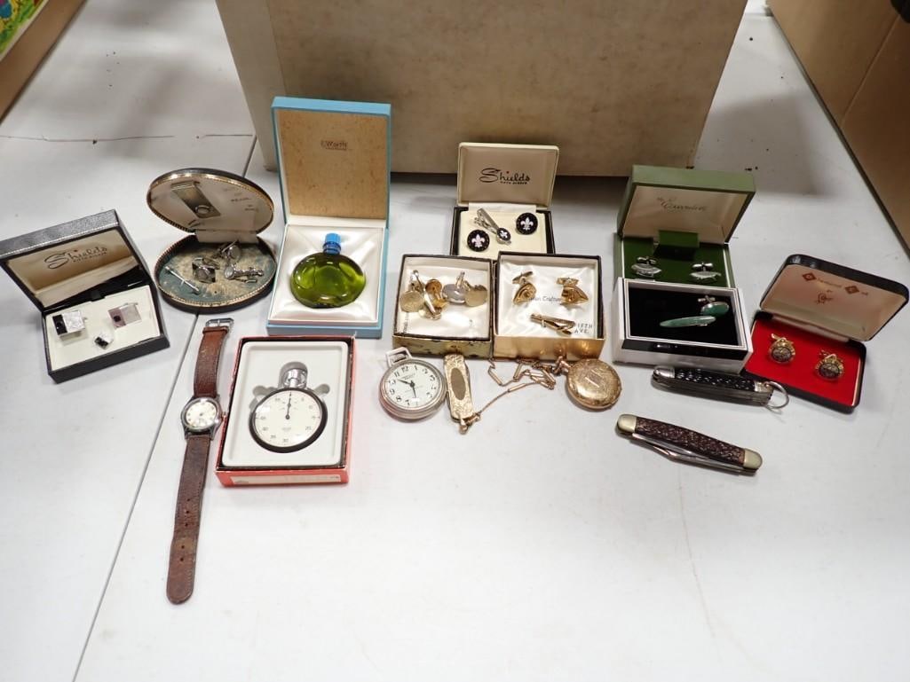 Smalls / Jewelry Lot including Pocket Watches Knives, watches, Stop Watch, Cuff Links, etc. (1 of 7)