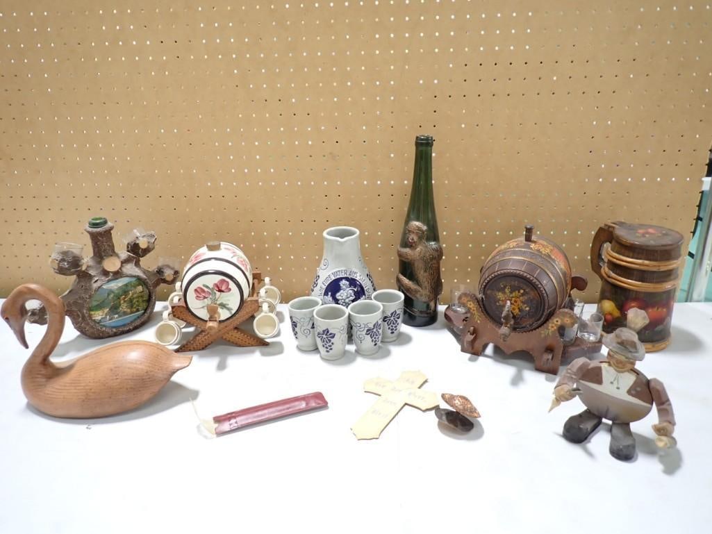Group of vintage Black Forest German Tantilus Wood Carving and Wood Mug,Monkey Wine Bottle: Group of vintage German Tantilus and Monkey Wine Bottle original Drinking cups and glass eyed wooden duck, Westerwald, and antique razor blade, Bietermeier, etc. See the 7th picture for the damage to