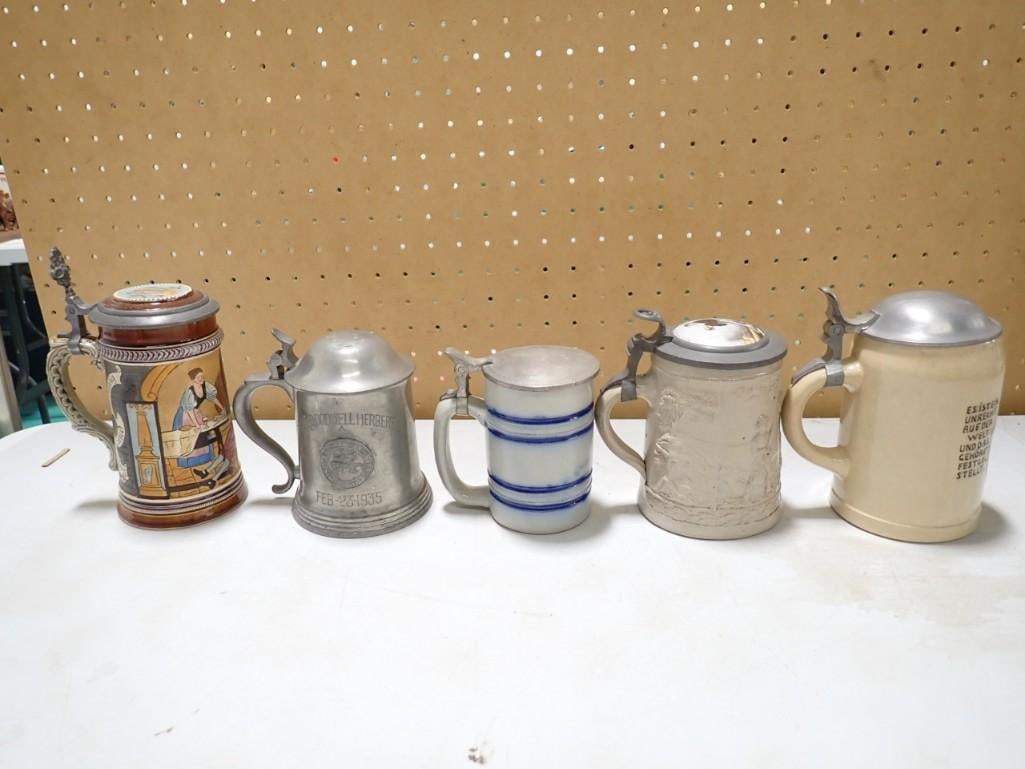 5 Steins, 1 vintage glass bottom pewter 1935, J.W. Remy, Whites Utica and Westerwald Pottery and Sto (1 of 11)