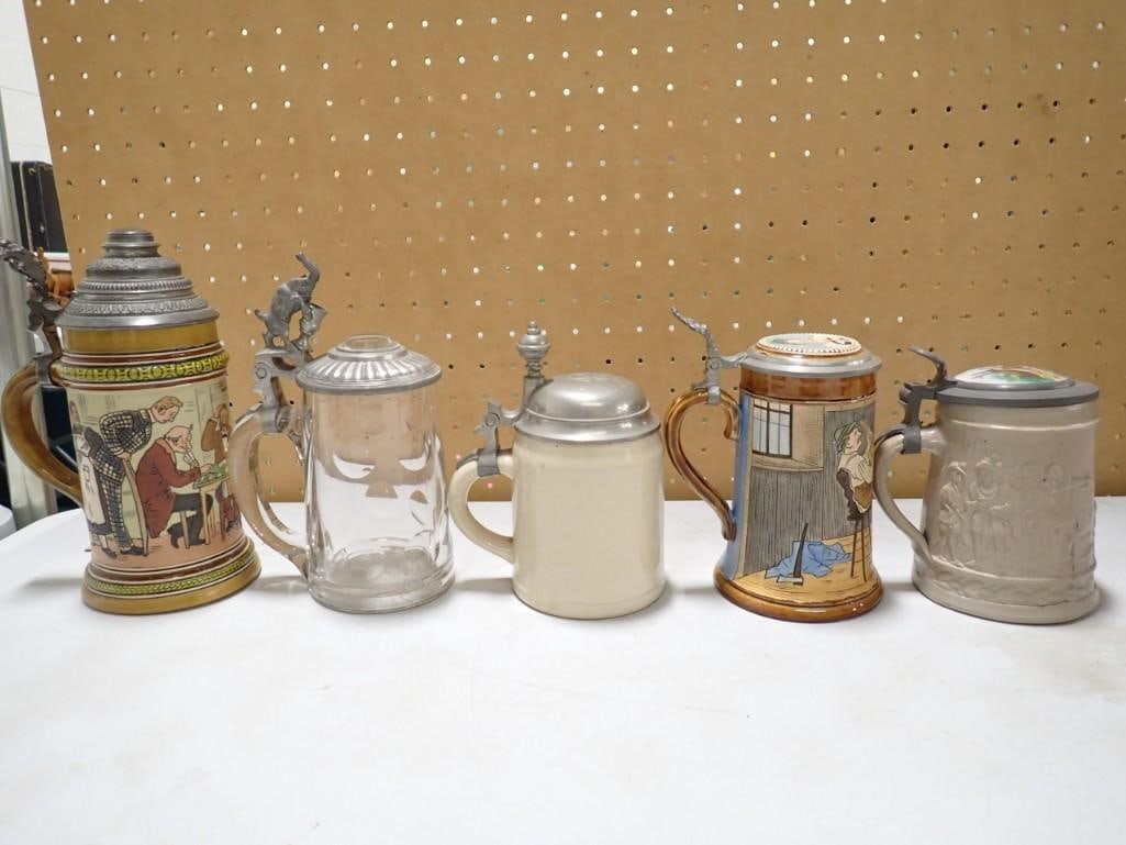 5 Antique Steins, J.W. Remy, HR Glass, 2 Westerwald Pottery & Stoneware: 5 Antique Steins, J.W. Remy, HR Glass, 2 Westerwald Pottery & Stoneware - JWR #730, HR (Hauber and Reuther) #493, Blown Glass with Boch Lid with body crack, Pottery with pewter lid and Westerwald