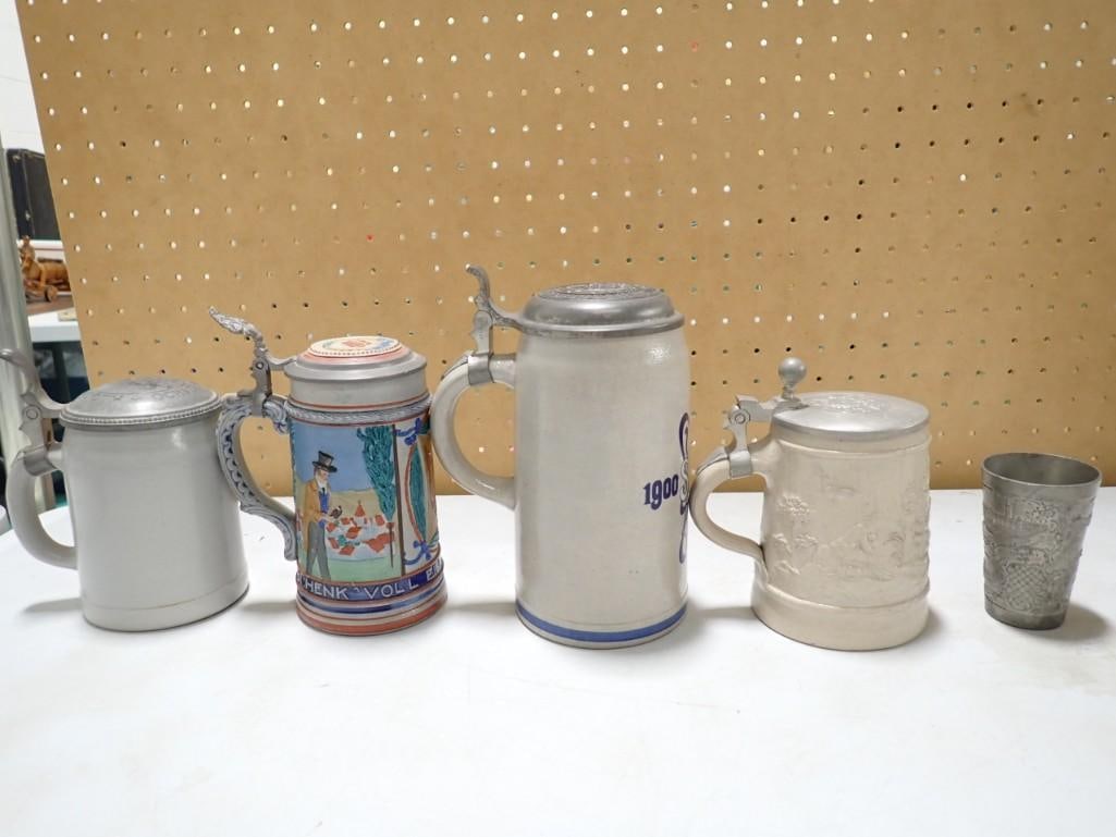 4 Antique Steins and a Tumbler - Westerwald, Engine Piston, Relief with man woman lyre, Munich Autom (1 of 10)