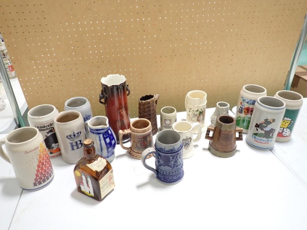 18 Steins / Mugs and bottles vintage and Antique: 18 Steins / Mugs and bottles vintage and Antique including Oktoberfest including 1979, Hofbrauhaus, 4f brewery, etc.
