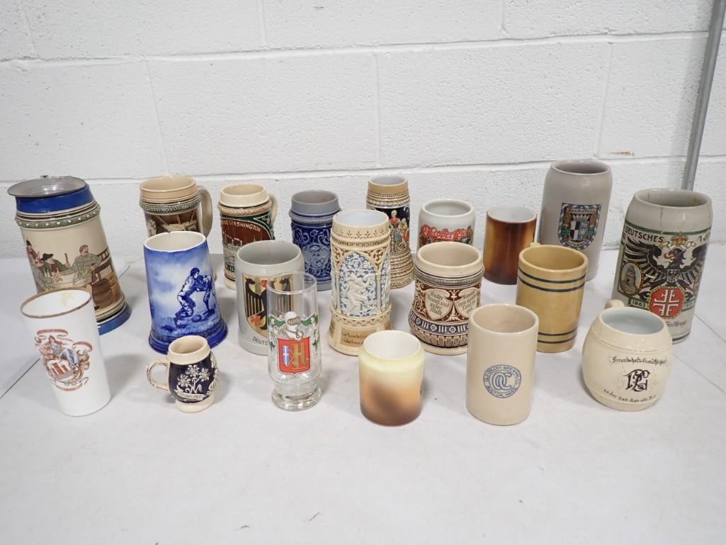 20 Steins, Mugs and Glasses antique and vintage: 20 Steins, Mugs and Glasses antique and vintage - Thewalt #407 loose lid and chip, Mettlach #228 no lid and hairline and chip, CAC Lenox Rubgy with hairlines, George Washington Nordd. Lloyd Bremen wit