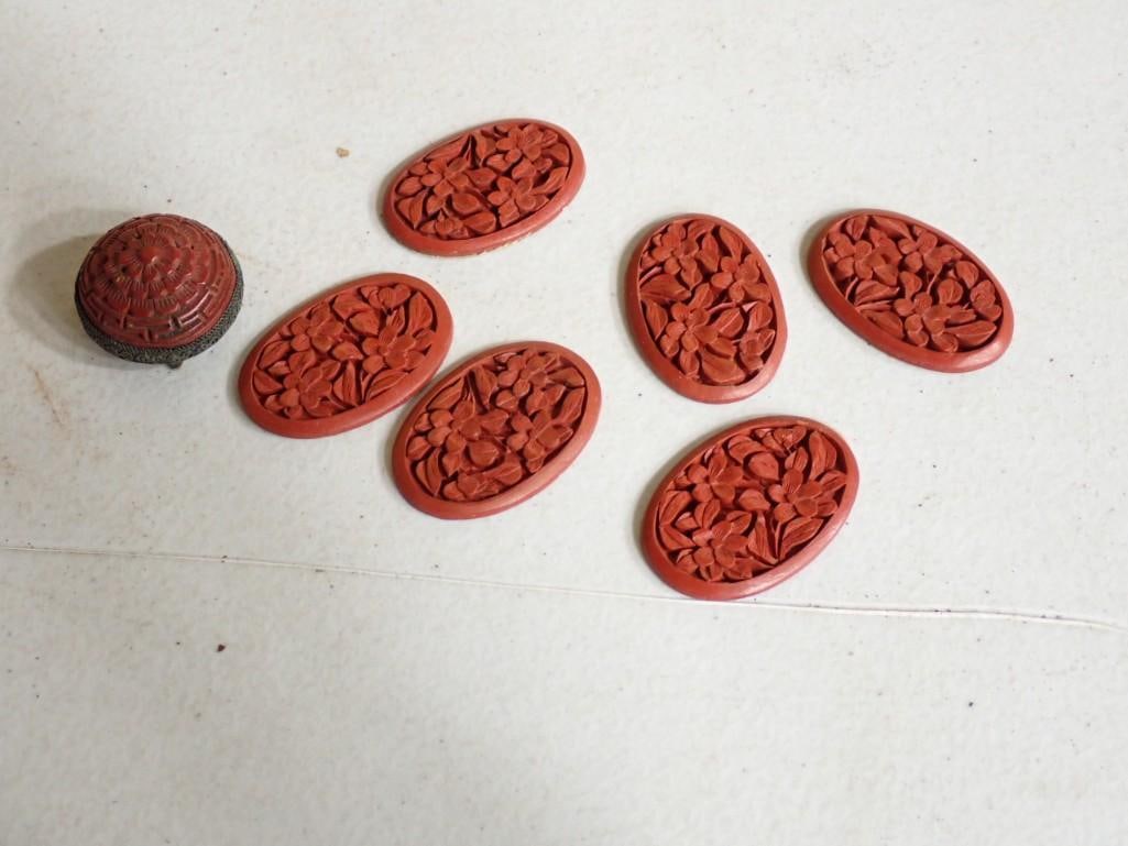 Group of Cinnabar incl 1 Round Dress Clip and a Set of 6 Oval Plaques (1 of 5)