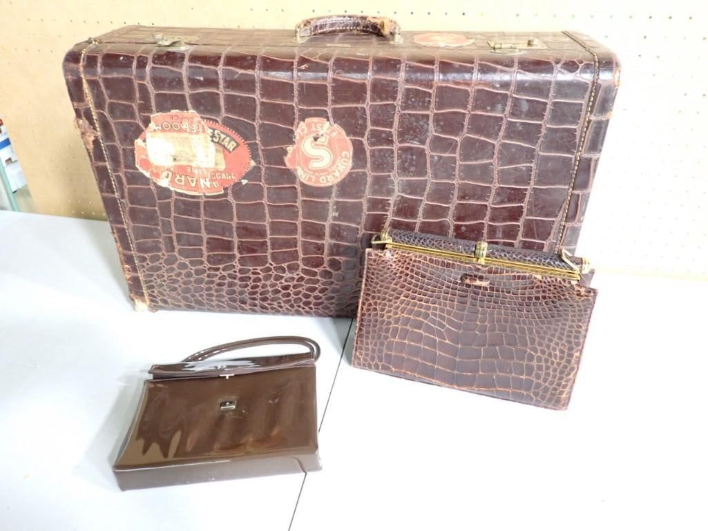 Vintage Luggage and Handbags Comprising 1 Pakraft Faux Alligator Suitcase with Cunard Line Travel St (1 of 9)