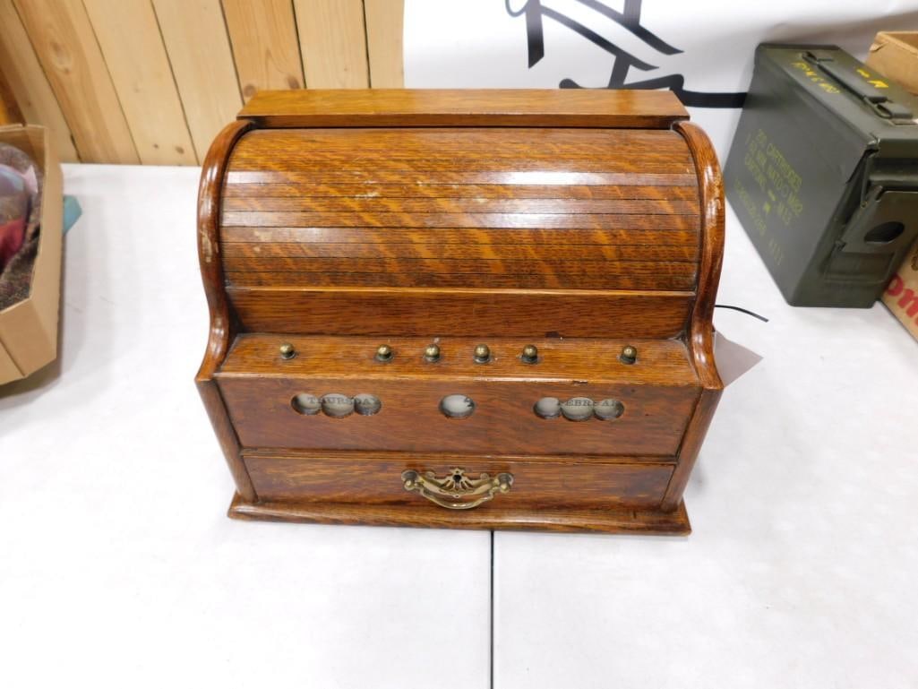 English Oak Letter Box with Perpetual Calendar, Roll Top, and Original Key c. 1885 (1 of 5)