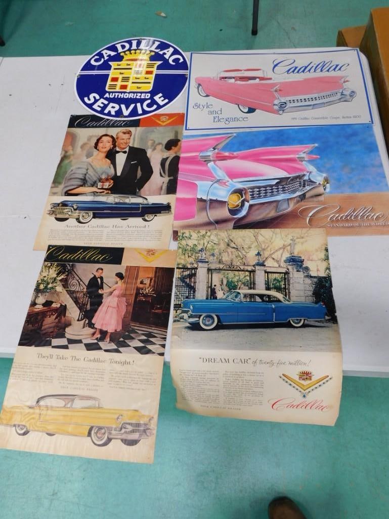 Group of Cadillac items incl 1 Round Enamel Cadillac Authorized Service Sign, 2 Printed Aluminum Sig (1 of 9)