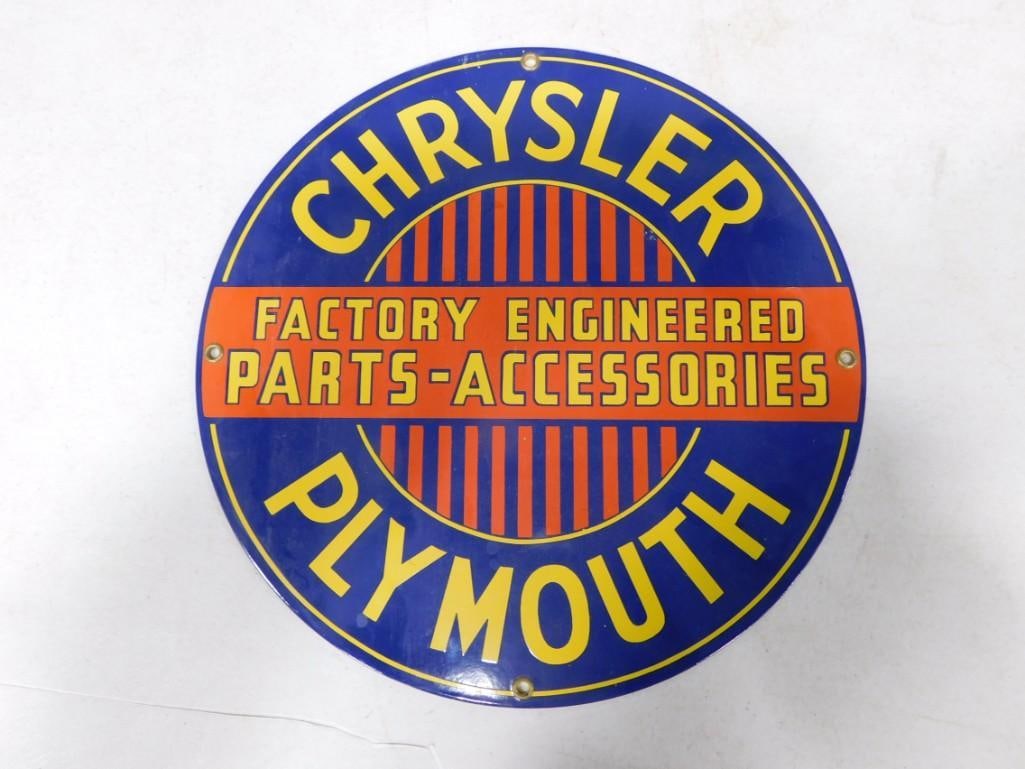 An Ande Rooney Round Chrysler Plymouth Enameled Sign Reading "Factory Engineered Parts" Accessories (1 of 3)