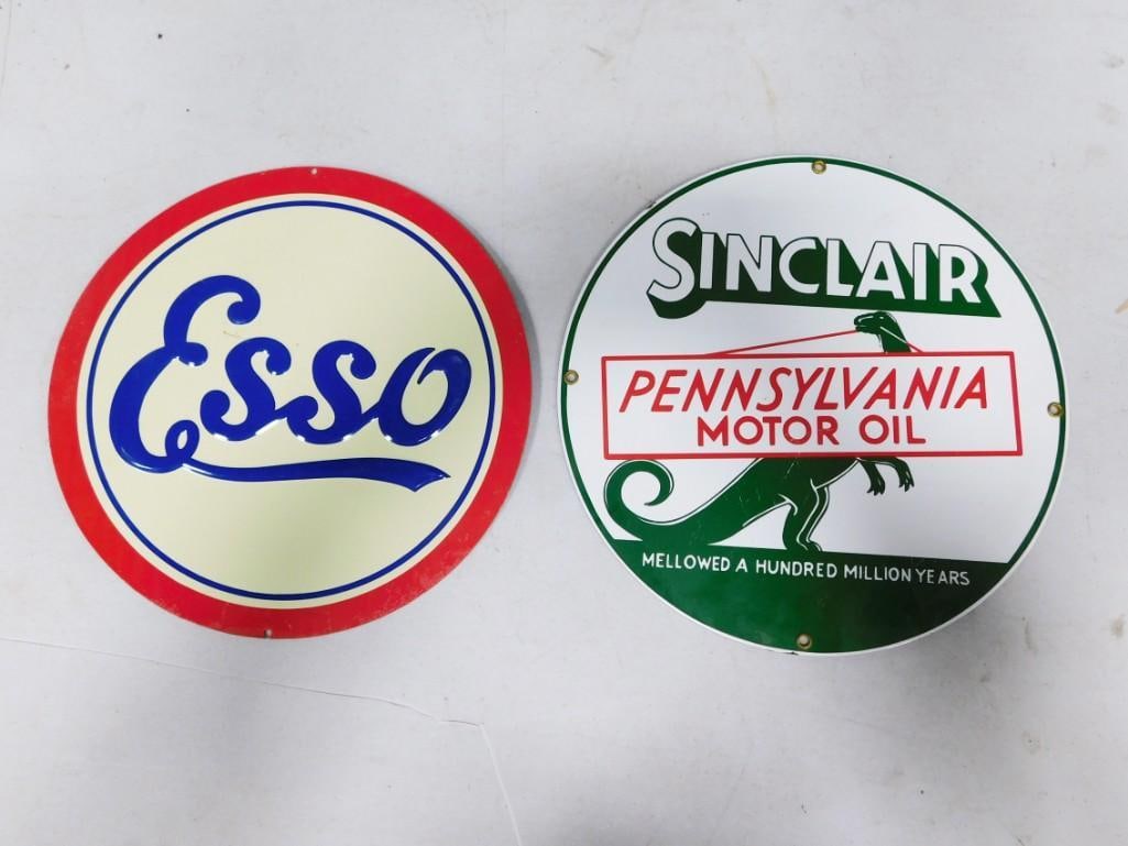 2 Gasoline Advertising Signs incl 1 Round Sinclair Pennsylvania Motor Oil Enamel Sign and 1 Round (1 of 5)