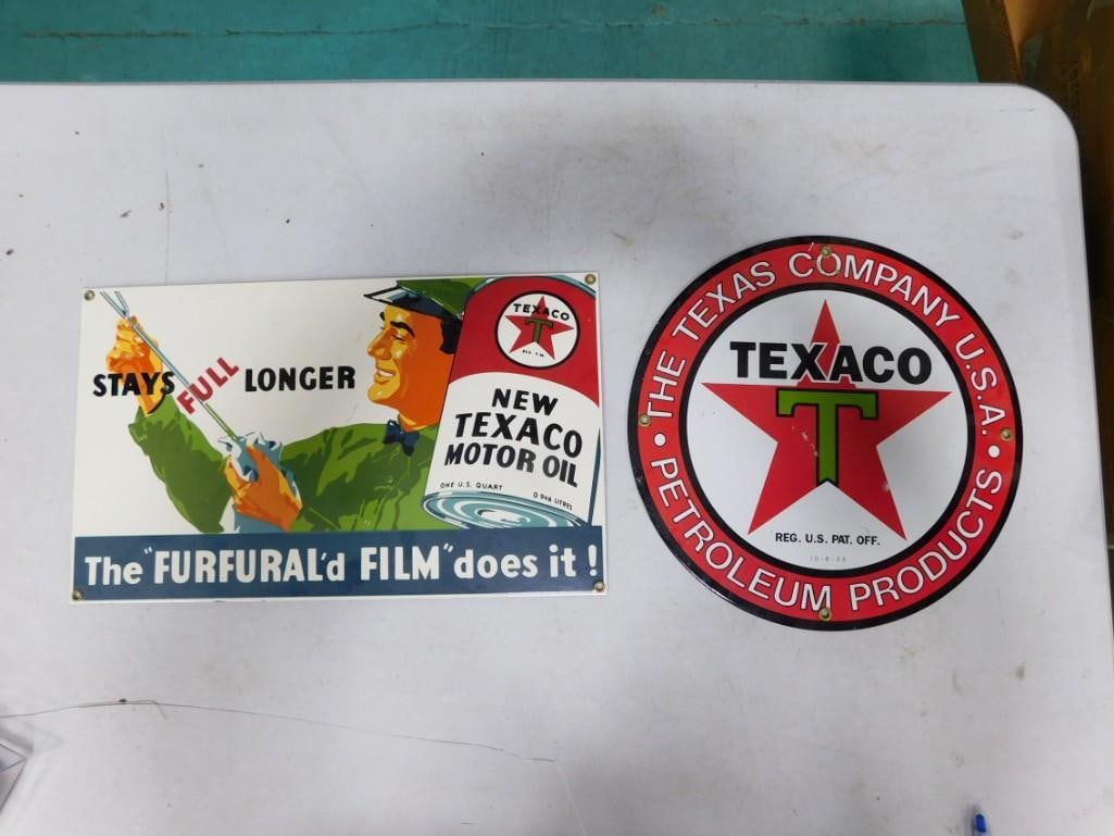 2 Texaco Enamel Signs comprising a Rectangular Texaco Motor Oil Sign and a Round (1 of 5)