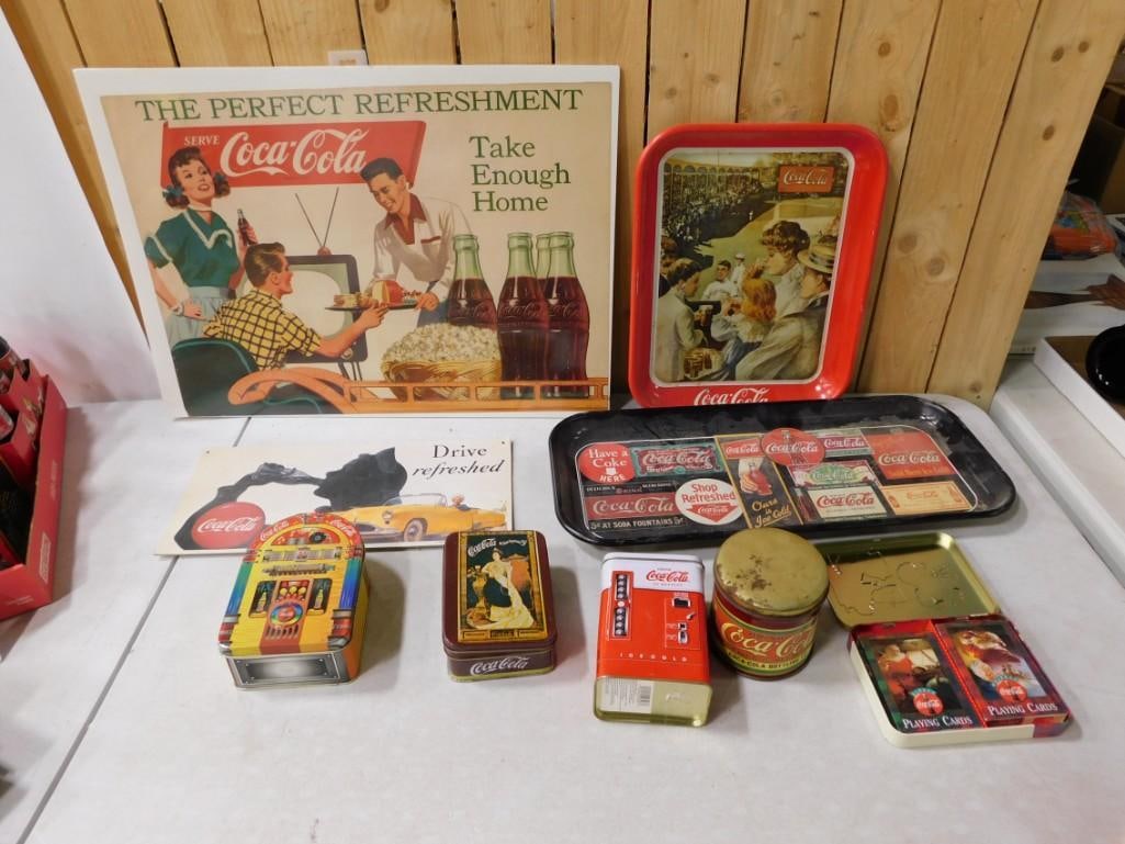 Coca Cola Trays, Signs, and Tins .  1 Tin has Playing Cards Inside (1 of 8)