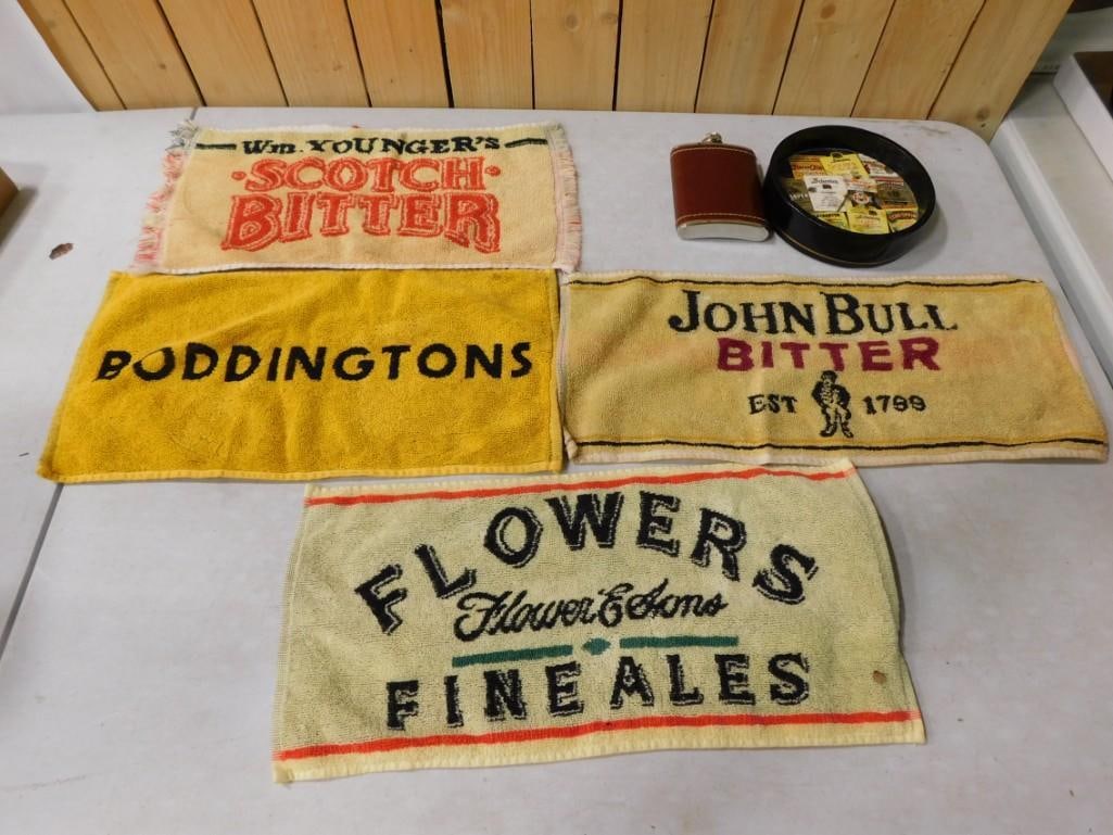 Group of Bar Items : Boddingtons Bar Towel, John Bull Bitter Bar Towel, Flowers Fine Ales Flower &: Group of Bar Items : Boddingtons Bar Towel, John Bull Bitter Bar Towel, Flowers Fine Ales Flower & Sons Bar Towel, William Younger's Scotch Bitter Bar Towel, 1 Brown Leather and Stainless Stee