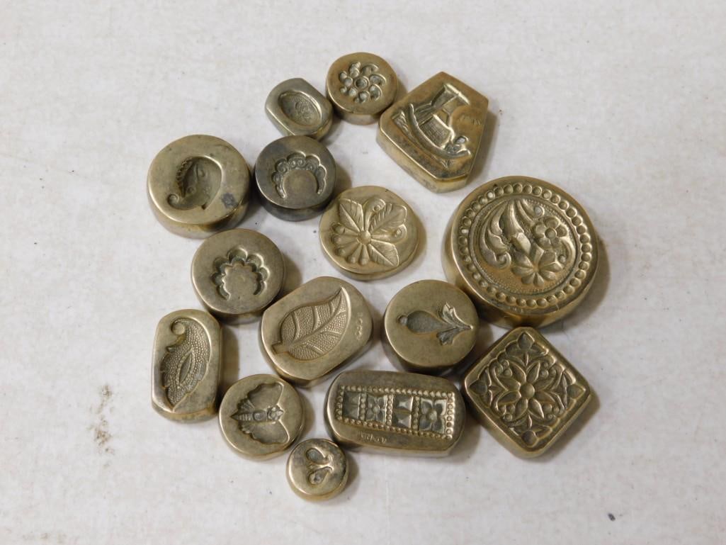 Group of 15 Brass Jewelry Making Molds incl Flowers, Leaves, Boat, Butterfly, Paisley, Moth, Etc: Group of 15 Brass Jewelry Making Molds incl Flowers, Leaves, Boat, Butterfly, Paisley, Moth, and Other