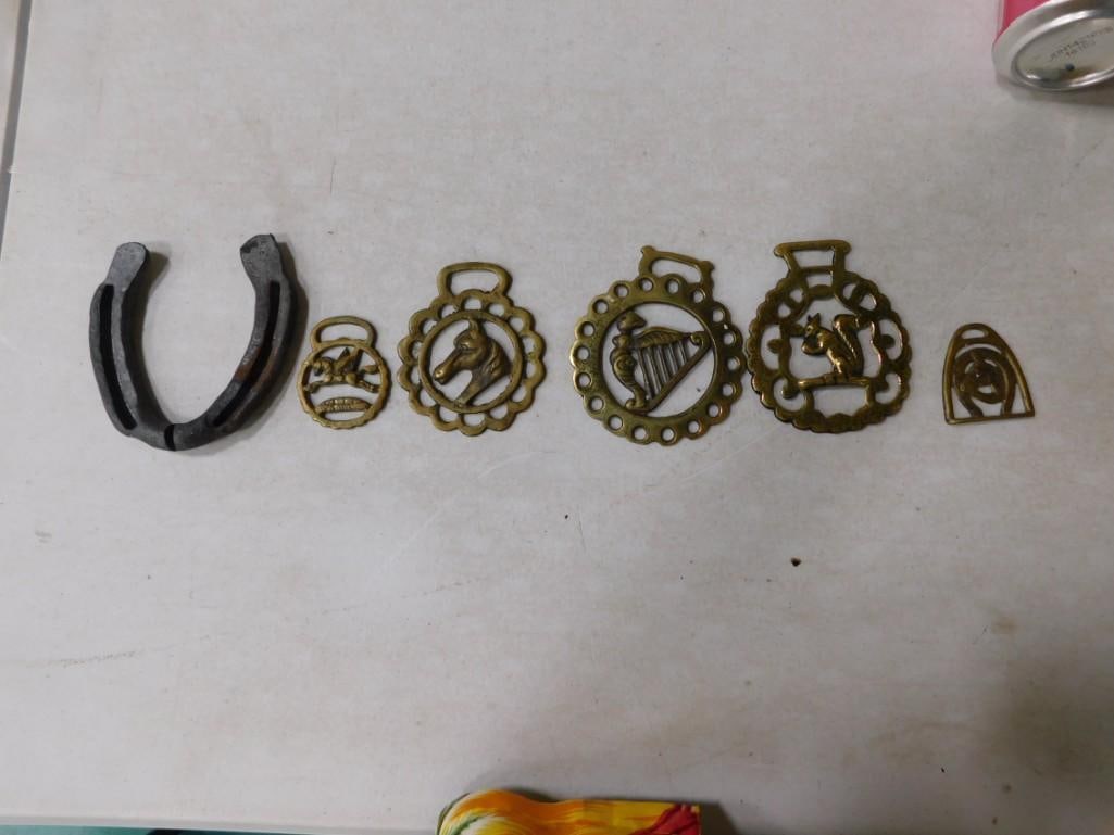 Group of Horse Bridle Brasses : Squirrel, Horse, Pegasus, and Winged Harp. With 1 Metal Horse Shoe: Group of Horse Bridle Brasses : Squirrel, Horse, Pegasus, and Winged Harp. With 1 Metal Horse Shoe