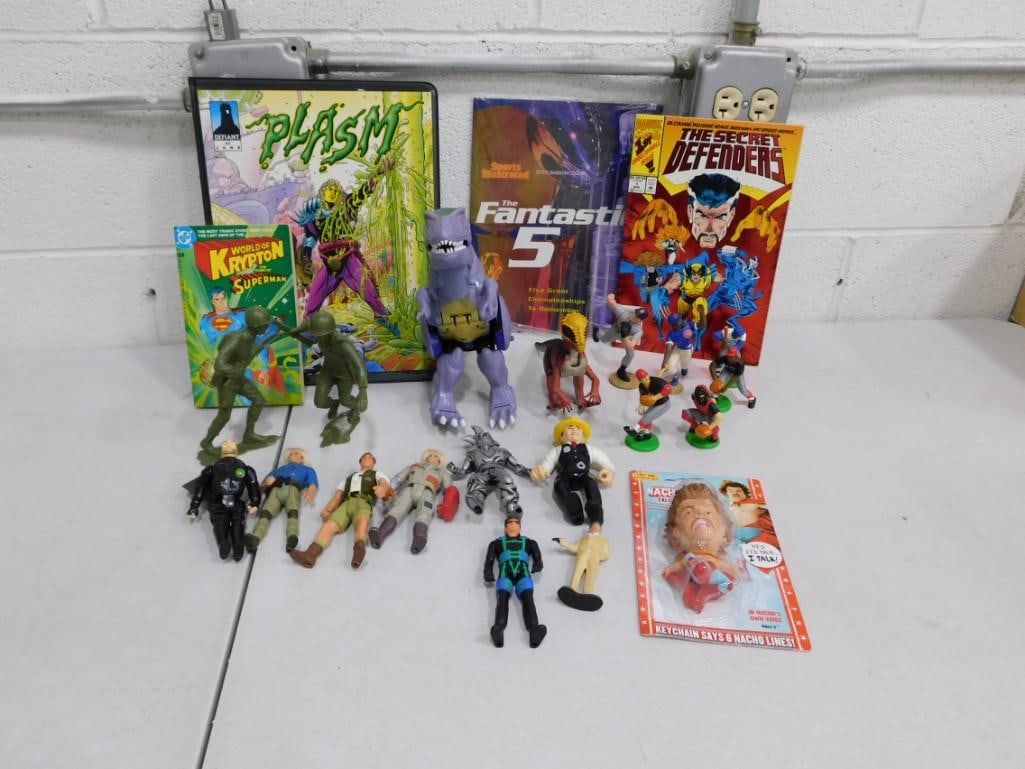 Nickelodeon's Nacho Libre Keychain NIP, Jurassic Park, Starting Line-Up Figures, Etc Lot: Nickelodeon's Nacho Libre Talking Keychain (New on card, needs new batteries), Jurassic Park Dinosaurs, figures, SLU Baseball, Plasm Binder & Comic Book, etc Lot